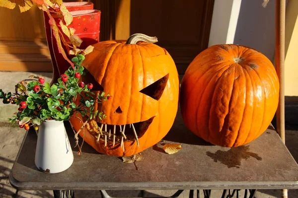 Nature Morte Avec Citrouille Halloween Dans Parc Automne Devant Café — Photo