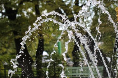 Fıskiyelerin yakın çekim fıskiyeleri ve sonbahar parkındaki ışınlar.