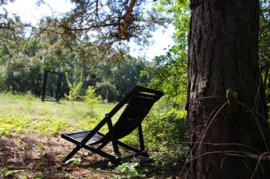 Ağacın gölgesinde tahta şezlong.