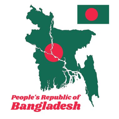 Bangladeş 'in ana hatları ve bayrağı, yeşil alanda kırmızı bir disk ve Bangladeş Halk Cumhuriyeti' ne ait metin.