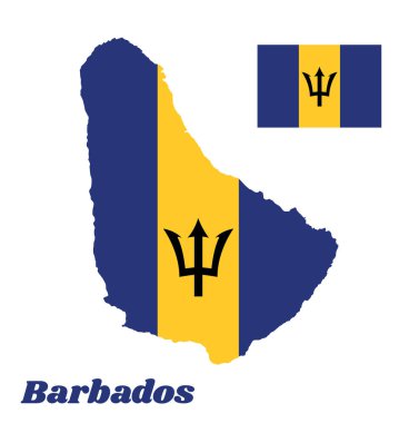 Barbados 'un ana hatları ve bayrağı, ultramarinin dikey üç bandı (yukarı ve dalgalı kenar) ve altın mızrak başlı ve altın sarısı. isim metniyle Barbados.