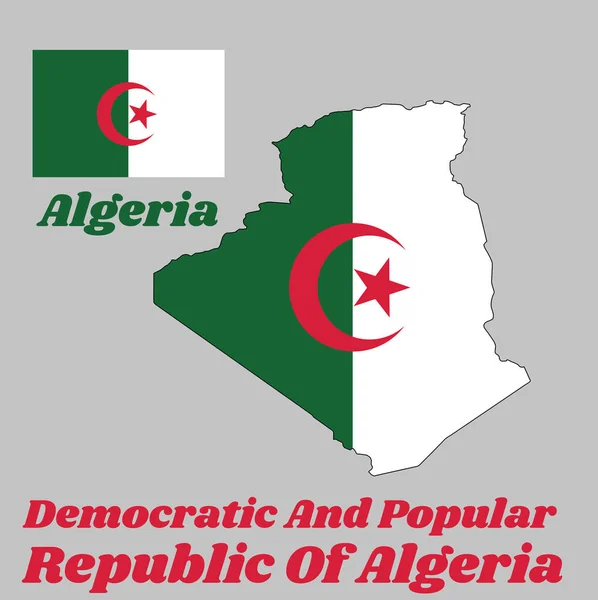 它是阿尔及利亚的地图轮廓和国旗 由两条等长的竖杠组成 绿色和白色 中间有一颗红星和一个新月形 其名称为 阿尔及利亚民主人民共和国 — 图库矢量图片