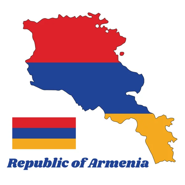 Zarys Mapy Flaga Armenii Poziomy Trójkolor Czerwony Niebieski Pomarańczowy Tekstem — Wektor stockowy