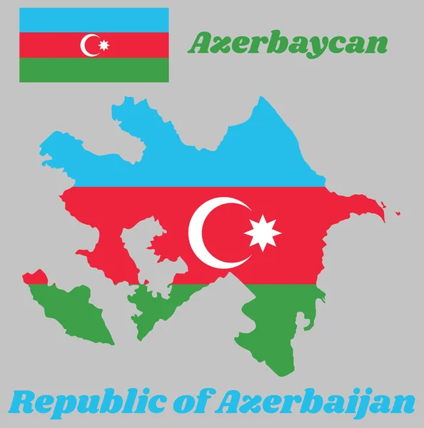 Zarys Mapy Flaga Azerbejdżanu Pozioma Trójbarwna Niebieska Czerwona Zielona Białym — Wektor stockowy