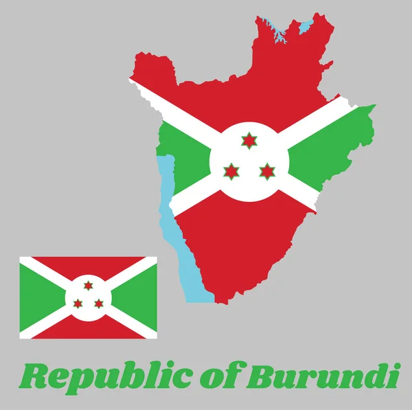 地图的轮廓和布隆迪国旗 一个白色的对角线交叉分为四个红色和绿色的面板和中央的白色圆盘中的三颗星 有名称的案文 — 图库矢量图片