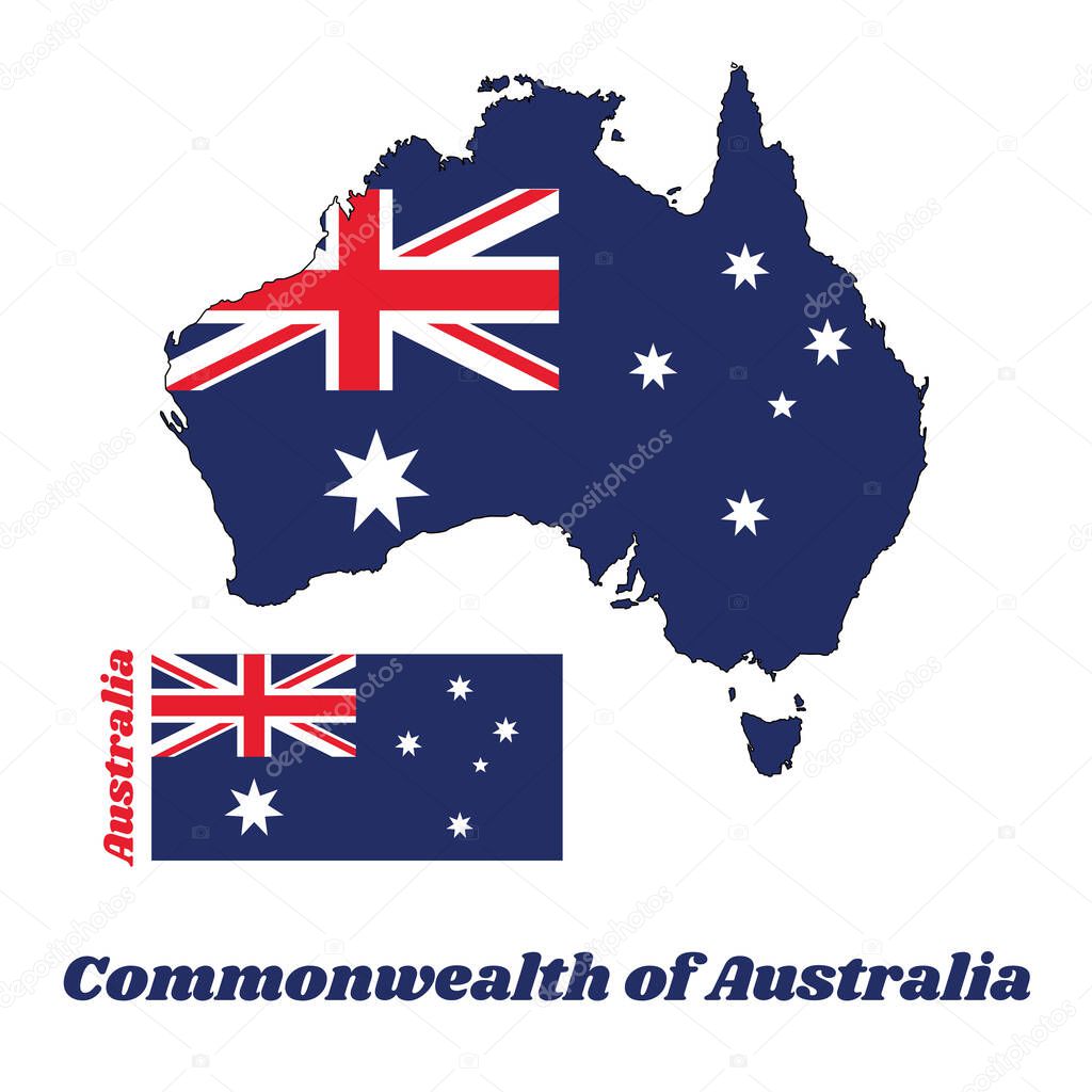 Map outline of Australia flag in blue red and white color with white star and Union Jack, name text of Commonwealth of Australia.