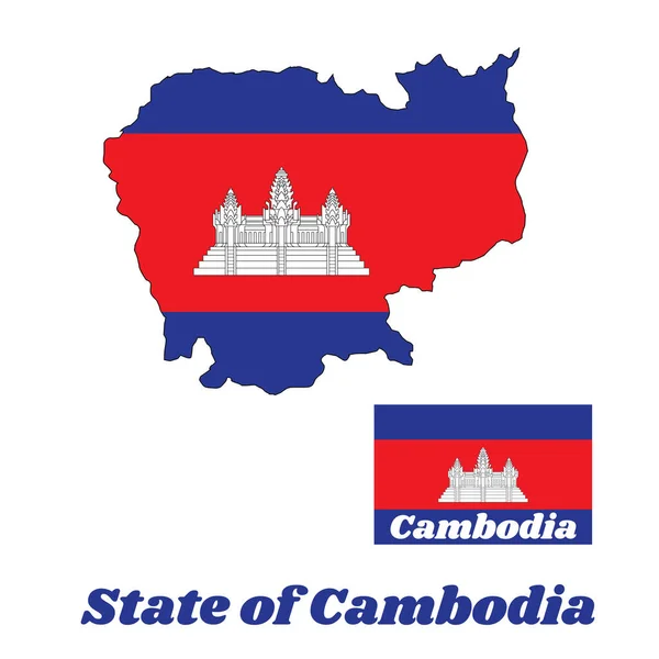 Mapa Esboço Bandeira Camboja Azul Vermelho Branco Cor Com Linha — Vetor de Stock