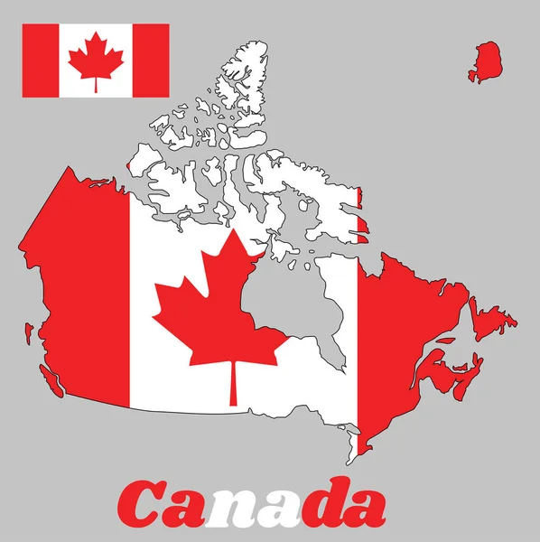 加拿大的地图轮廓 一个红色和白色的垂直三带 中央有红色枫叶 文字加拿大 — 图库矢量图片