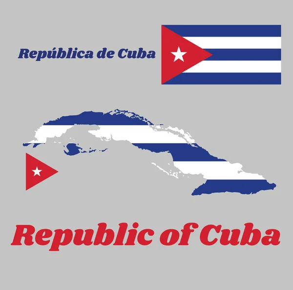 地図キューバの輪郭と旗 中央に白い星を持つホイスト側に基づいて赤の四角形で青と白の5つの水平方向の縞模様 キューバ共和国の名前付きテキスト — ストックベクタ