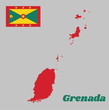 Grenada 'nın ana hatları ve bayrağı. Etrafında altı altın yıldız, dört altın üçgen ve dört yeşil, kırmızı disk ve yıldızlı ve hindistan cevizi kapsüllü büyük kırmızı kenarlı büyük bir dikdörtgen. metin Grenada ile