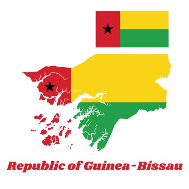 Gine Bissau 'nun haritası ve bayrağı, kaldırma tarafında bir dikey kırmızı çizgi, uçma tarafında iki yatay çizgi olmak üzere beş köşeli siyah bir yıldızla yüklendi. Gine Bissau Cumhuriyeti isimli metin.