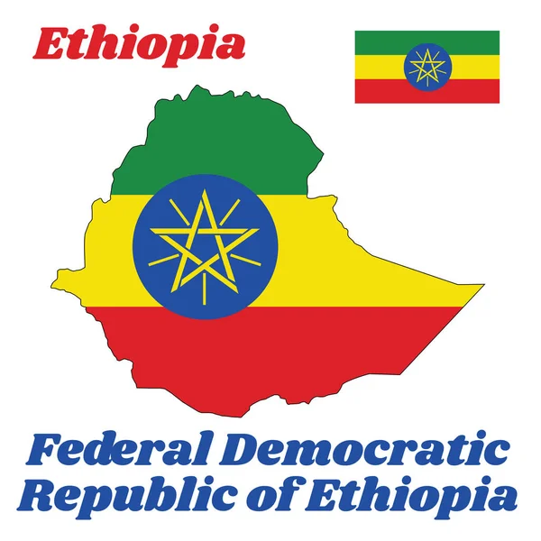 Mappa Contorno Bandiera Dell Etiopia Tricolore Orizzontale Verde Giallo Rosso — Vettoriale Stock