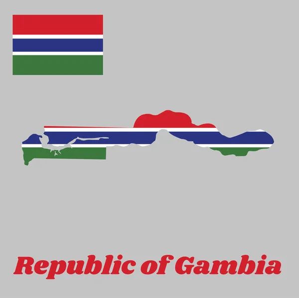 冈比亚的地图轮廓和国旗 蓝色和绿色的水平三色旗 每一种颜色都由一条狭窄的白色带隔开 有名称案文的冈比亚共和国 — 图库矢量图片