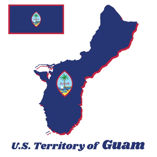 Mapa Obrys Vlajka Guam Tmavě Modré Pozadí Tenkým Červeným Okrajem — Stockový vektor