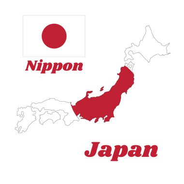 Japonya 'nın ana hatlarını ve bayrağını Japonca ve Japonca yazılı beyaz üzerine kırmızı halkayla işaretle.