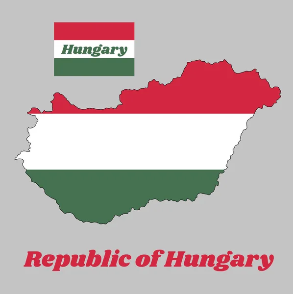 地図アウトラインとハンガリー 白と緑の水平方向の三色のフラグ ハンガリー共和国の名前付きテキスト — ストックベクタ