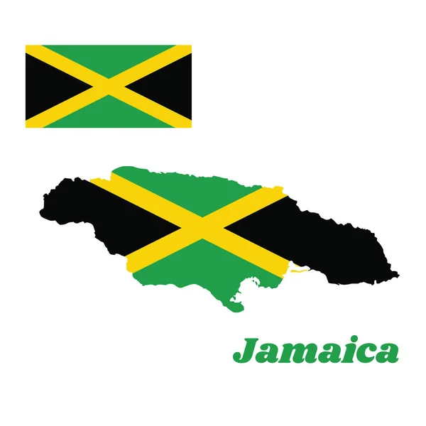 Mapa Esboço Bandeira Jamaica Uma Cruz Diagonal Ouro Divide Campo — Vetor de Stock