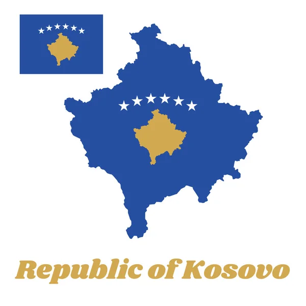 Zarys Mapy Flaga Kosowa Niebieskie Pole Wypełnione Mapą Kosowa Złocie — Wektor stockowy
