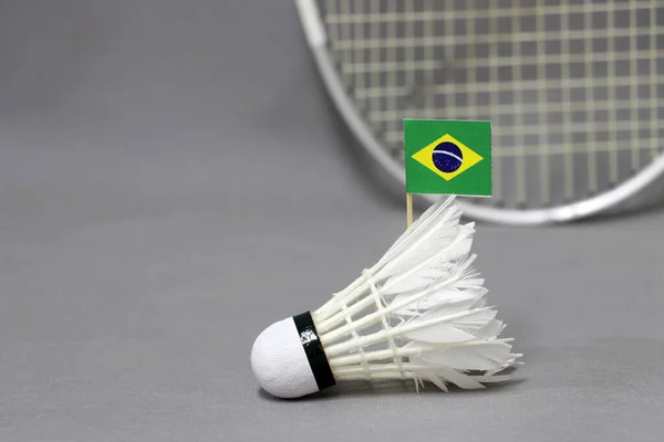 Mini Brasil Bandeira Vara Vaivém Branco Fundo Cinza Fora Foco — Fotografia de Stock