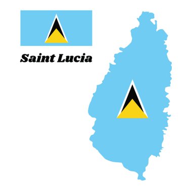 Saint Lucia 'nın ana hatları ve bayrağı. Ortasında beyaz kenarlı siyah ikizkenar üçgenin arkasındaki küçük altın üçgenli açık mavi bir alan. Saint Lucia isimli metin.