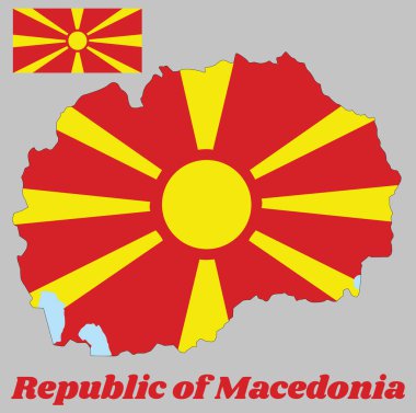 Makedonya 'nın ana hatları ve bayrağı, kırmızı bir alanda biçimlendirilmiş sarı bir güneş, merkezden sahanın kenarına kadar uzanan sekiz genişleyen ışın. Makedonya Cumhuriyeti isim metniyle.