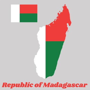 Madagaskar 'ın ana hatları ve bayrağı, iki yatay kırmızı ve yeşil şeritli beyaz dikey şeritli. Madagaskar Cumhuriyeti isim metniyle.