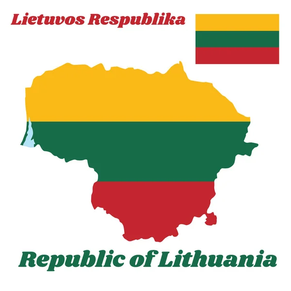 地図アウトラインとリトアニアのフラグ 緑と赤の水平方向の部族 リトアニア共和国の名前付きテキスト — ストックベクタ