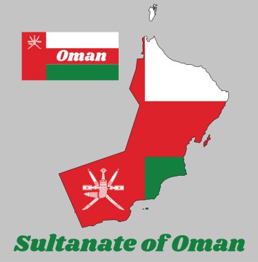 Umman 'ın ana hatları ve bayrağı, beyaz, kırmızı ve yeşil yatay üç renkli, kaldırma üzerinde dikey kırmızı çizgili, Umman Ulusal amblemi ile yüklenmiş ve Umman Sultanlığı.