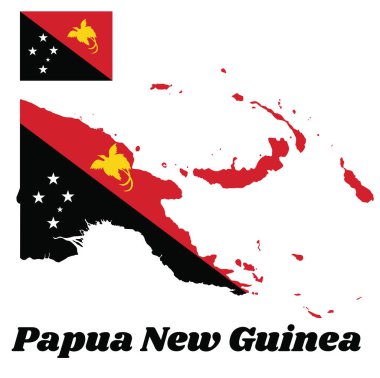 Papua Yeni Gine 'nin haritası ve bayrağı, yükselen Raggiana Cennet Kuşu ile kırmızı üçgen, aşağı üçgen ise beyaz yıldızın Güney Haçı ile siyahtır. Papua Yeni Gine isimli metin.