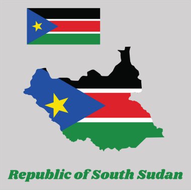 Güney Sudan 'ın ana hatları ve bayrağı, siyah, kırmızı ve yeşil ile mavi eşkenar üçgen ve altın yıldızlı yatay bir üçgen. Güney Sudan Cumhuriyeti isim metniyle.