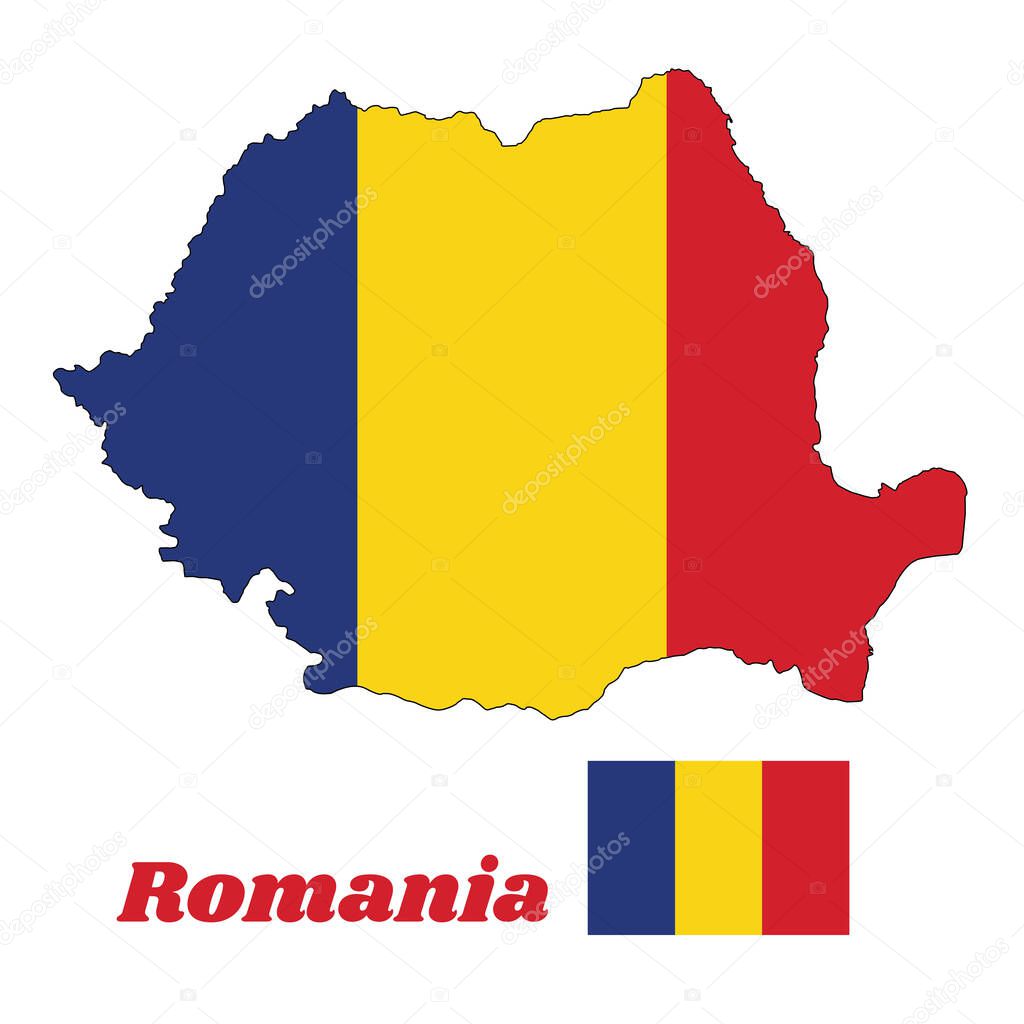 Map outline and flag of Romania, a vertical tricolor of blue, yellow, and red. with name text Romania.