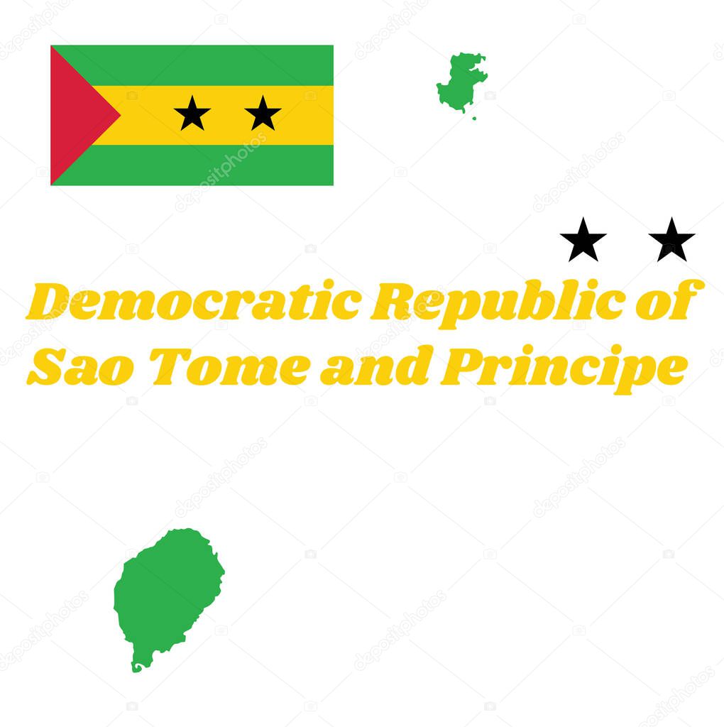 Map outline and flag of Sao Tome and Principe, A horizontal of green, yellow and green with a red triangle and two black stars. with name text Democratic Republic of Sao Tome and Principe.