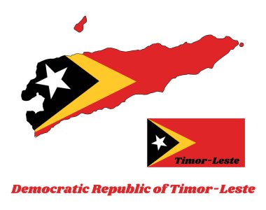 Timor-Leste 'nin kırmızı sarı ve siyah renkli beyaz yıldız ve metin Timor-Leste' nin ana hatları ve bayrağı.