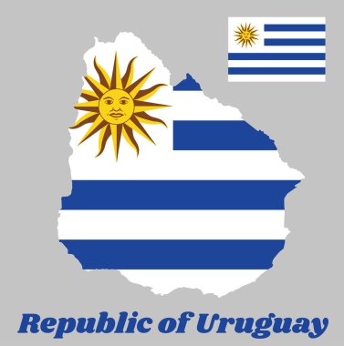 Uruguay 'ın ana hatları ve bayrağı, açık mavi ve Mayıs Güneşi ile alternatif beyaz yatay çizgiler, Uruguay Cumhuriyeti.