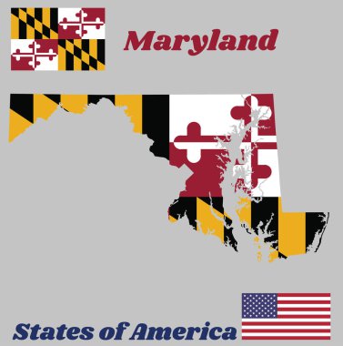 Maryland 'in ana hatları ve bayrağı, George Calvert' in Heraldik bayrağı, 1. Baron Baltimore. Amerikan bayrağıyla.