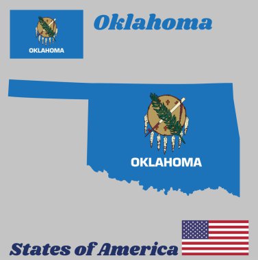 Harita taslağı ve Oklahoma bayrağı, Buffalo derisi kalkan ve gökyüzü mavisi bir alanda yedi kartal tüyü. Amerikan bayrağıyla.