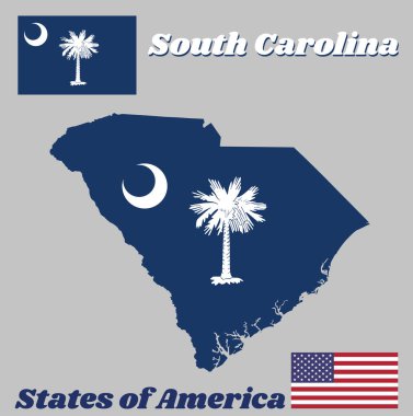 Güney Carolina haritası ve bayrağı çivit tarlasında beyaz palmetto ağacı. Kanton beyaz bir hilal içerir. Amerikan bayrağıyla.