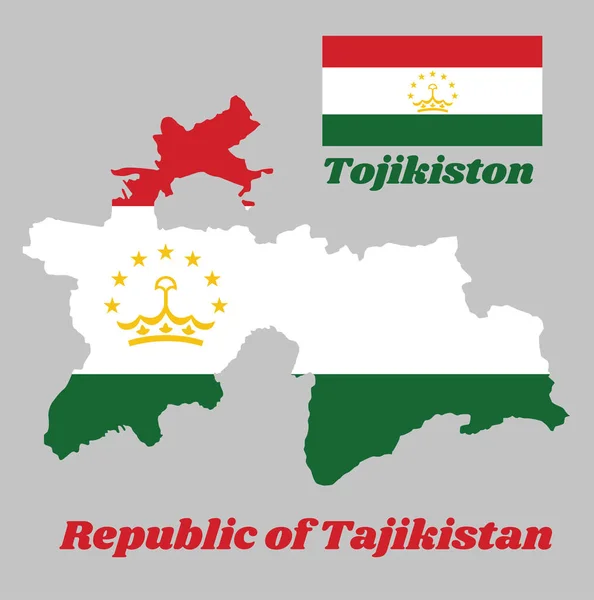 Карта Очертаний Флага Таджикистана Горизонтальный Трехцветный Красный Белый Зеленый Венцом — стоковый вектор