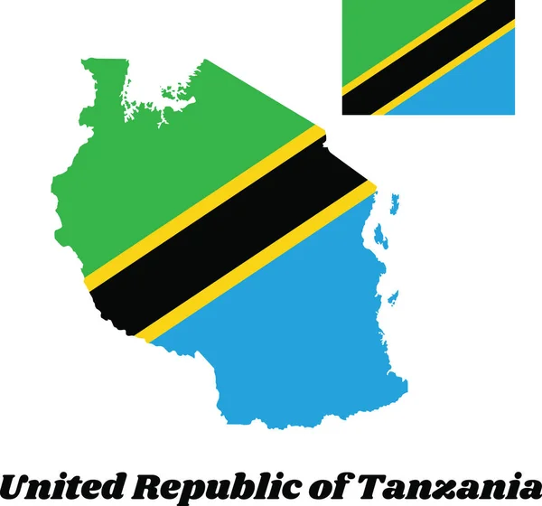 Mappa Contorno Bandiera Della Tanzania Una Banda Diagonale Nera Bordo — Vettoriale Stock