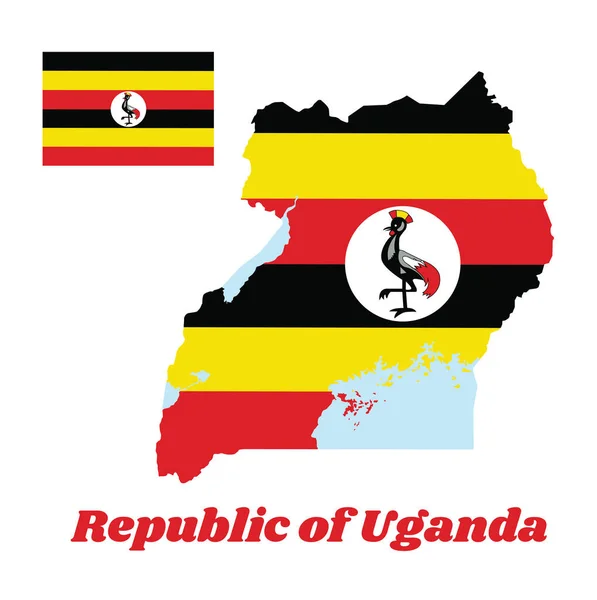 Kartenumriss Und Flagge Ugandas Horizontale Streifen Aus Schwarzgelb Und Rot — Stockvektor