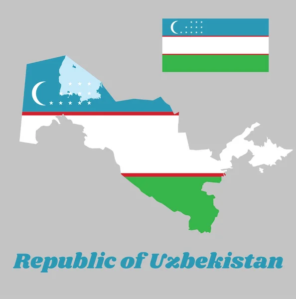 Карта Очертаний Флага Узбекистана Горизонтальные Синие Белые Зеленые Полосы Разделенные — стоковый вектор