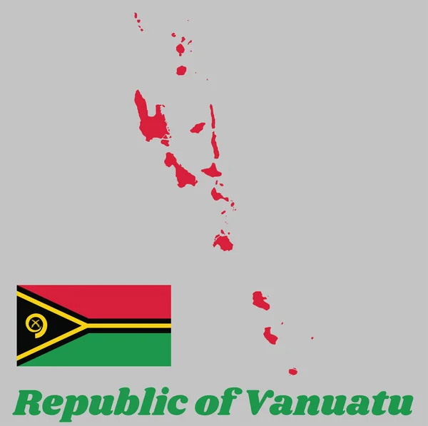 地图上的瓦努阿图的轮廓和国旗 红色和绿色 黑色和黄色的野猪的喙环绕着中间的两个杂交蕨叶和金色的树冠 带有名称的文本 — 图库矢量图片