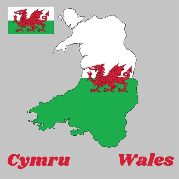 Kartenumriss Und Flagge Von Wales Besteht Aus Einem Roten Drachen — Stockvektor