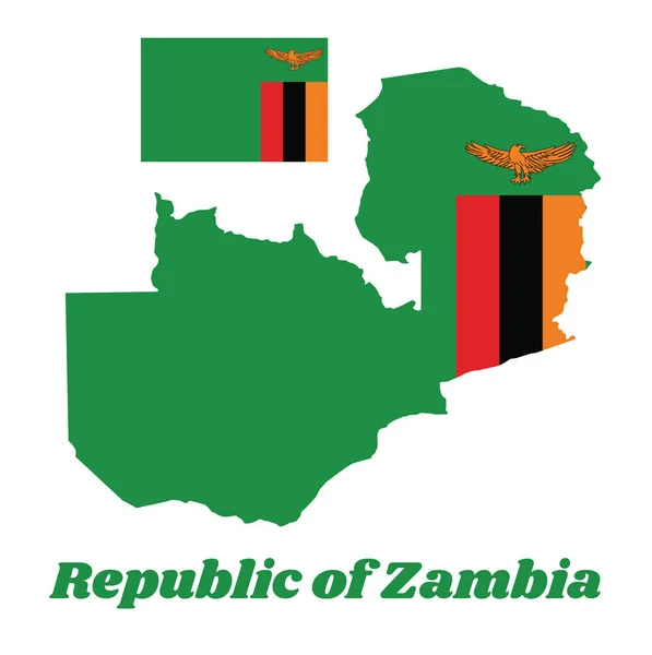 Карта Очертаний Флага Замбии Зеленое Поле Орлом Оранжевого Цвета Полете — стоковый вектор