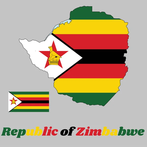 Harita çizgisi ve Zimbabwe bayrağı, yedi yatay çizgili yeşil, sarı, kırmızı, siyah, siyah, siyah köşeli beyaz ikizkenar üçgen tabanlı, kaldırma tarafında kırmızı yıldızlı bir Zimbabwe kuşu taşıyan. Zimbabwe Cumhuriyeti isim metniyle.