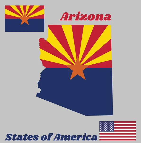 Arizona haritası ve bayrağı, üst yarıda kırmızı ve kaynak sarısı, yıldız ve bayrağın geri kalanı mavi renkli, Amerikan bayrağıyla.