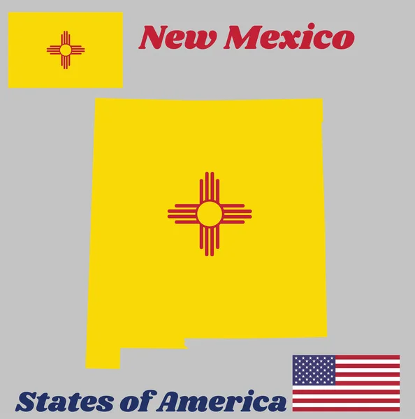 New Mexico 'nun ana hatları ve bayrağı eski İspanya' nın kırmızı ve sarısı. Kırmızılı antik Zia Sun sembolü, sarı bir alanın ortasında. Amerikan bayrağıyla.