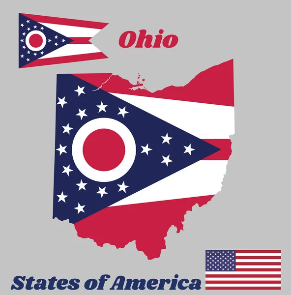 Mapa Contorno Bandera Ohio Guidon Que Consta Franjas Horizontales Alternando — Vector de stock