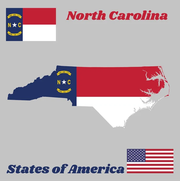 ノースカロライナ州の地図の輪郭と旗 青い組合 NとCの白い星 同じものを含むサークルは 組合の3分の1の幅である アメリカ国旗付き — ストックベクタ