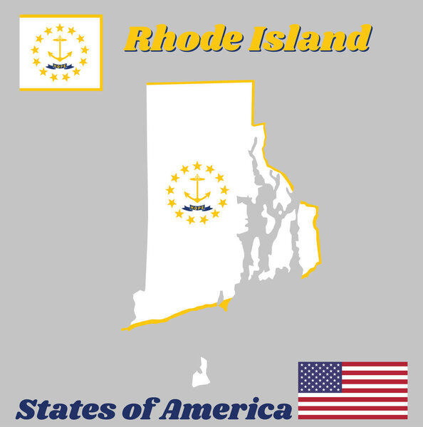 Map outline and flag of Rhode Island, Gold anchor, surrounded by 13 gold stars on white. A blue ribbon below the anchor contains the text "hope". With American flag.